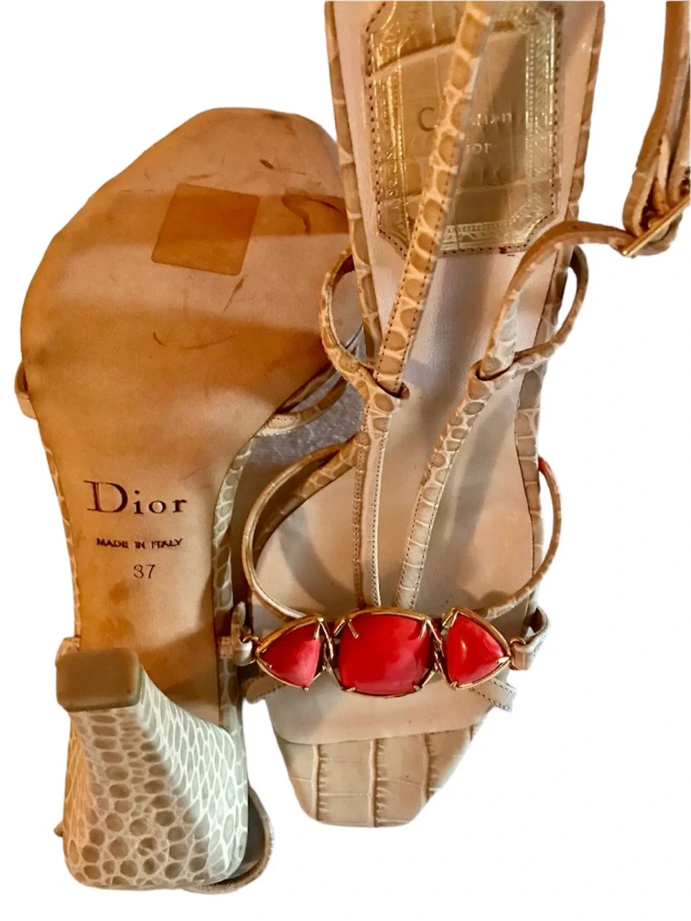 Dior Tan Croc-Embossed Slingback Heels with Red Gem Accents